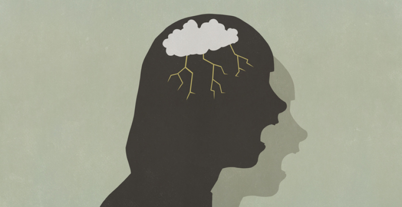 Profile silhouette screaming woman with storm cloud in head